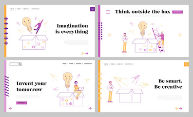 Think Outside Landing Page Template Set. Tiny Characters around of Huge Carton Box with Light Bulb, Paper Airplanes Flying Out and Businesspeople Work om Laptops. Linear People Vector Illustration
