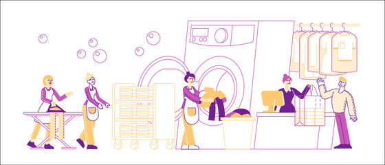 Wash Service. Male and Female Characters Visiting Laundry Loading Dirty Clothes to Washing Machine, Ironing, Rolling Cart with Clean Dresses in Public Launderette. Linear People Vector Illustration