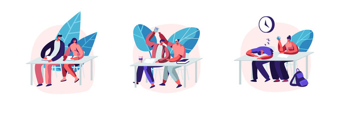Set of Students Sitting at Desks Visiting Lecture in University. Characters Learning. Communicating, Sleeping on Seminar. Higher Education, Gaining Knowledge. Cartoon People Vector Illustration