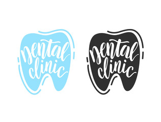 Dental clinic lettering. Calligraphy logotype. Handwriting word. Tooth shaped icon for design banners, flayers, posters etc.