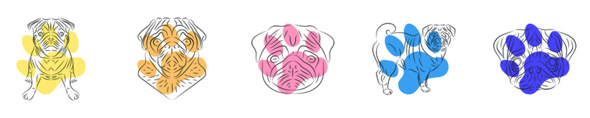 Adorable Pugs vector illustrations, cute dogs line art icons set with colourful dog paws on background