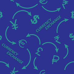 Currency exchange, monetary units of different countries, money, arrows. Seamless ornament, pattern, background and template