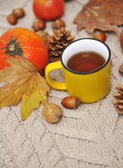 Autumn flat lay background. Pumpkins, apples, nuts, leaves, cups and sweater on wooden background.
