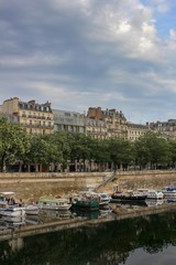 Fototapeta premium Beautiful, dramatic, darkened photo of the Seine embankment (La Seine) with trees, boats and historic houses in Paris, France