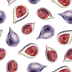 Seamless pattern with figs. Colorful watercolor hand painted clipart on white background. 
Simple stylish illustration. Fruit fabric print, wrapping paper, packaging, scrapbooking.