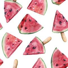 Seamless pattern with watermelon. Colorful watercolor hand painted clipart on white background. 
Tropical fruits illustration. Fashion modern style. Fruit fabric print, wrapping paper, packaging.