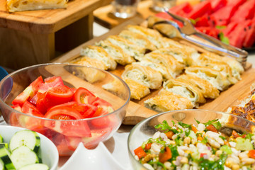 Breakfast served on buffet table