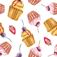 Seamless pattern with cupcakes, strawberry. Colorful watercolor hand painted clipart on white background. 
Food illustration. Fashion modern style. Fruit fabric print, wrapping paper, packaging.