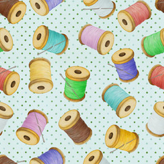 Colourful thread spools, watercolour illustration. Seamless pattern