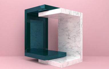 abstract geometric shape group set, pink studio background, geometric portal, marble pedestal, 3d rendering, scene with geometrical forms, glass block, fashion minimalistic scene, simple clean design