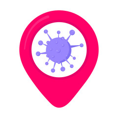 Virus map pin zone area flat style design corona virus in map pin icon sign vector illustration isolated on white background.