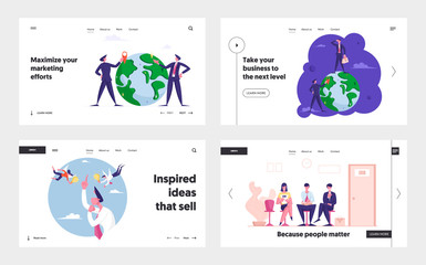 Obraz na płótnie Canvas Worldwide Globalization, Job Hiring and Searching Idea Landing Page Template Set. Business People Characters on Earth Globe, Catching Muse and Wait Interview at Work. Cartoon Vector Illustration