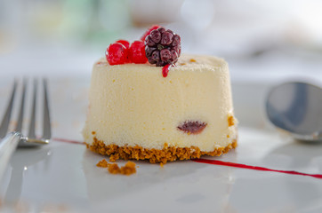 Vanilla mousse dessert with pieces of red fruits and a biscuit base, served on a plate during an...