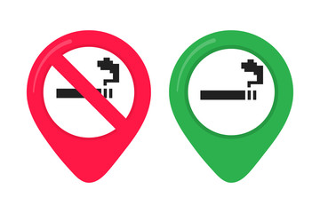 No smoking area pin sign. Forbidden sign icon isolated on white background vector illustration. Black cigarette and smoke, red prohibition circle isolated on white background. © Konstantin