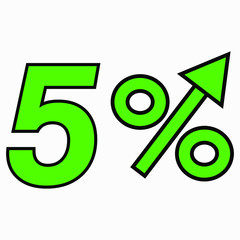 The green figure is 5 percent increase. Price increase icon.  Sales. Profit growth. Increase revolutions. The increase in interest in the bank. Quality improvement. Icon of internet shops.