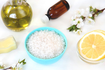 Natural Ingredients for Homemade Body Salt Scrub Lemon, Sea salt and Olive oil. Skincare Organic