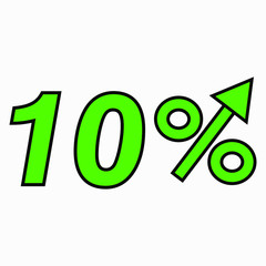 The green figure is 10 percent increase. Price increase icon.  Sales. Profit growth. Increase revolutions. The increase in interest in the bank. Quality improvement. Icon of internet shops. 