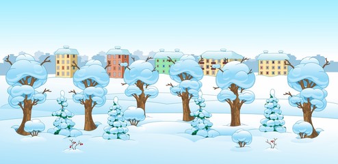 Cartoon drawing of a winter forest landscape. Horizontal background. Winter Houses with Snowing Background