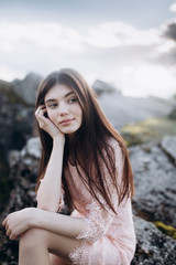 Fototapeta premium Beautiful woman natural face casual female portrait lifestyle beauty girl in mountains, freedom concept