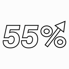 The transparent figure is 55 percent increase. Price increase icon.  Sales. Profit growth. Increase revolutions. The increase in interest in the bank. Quality improvement. Icon of internet shops.