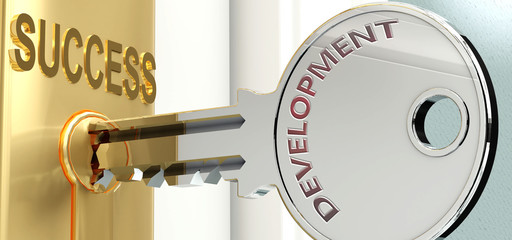 Development and success - pictured as word Development on a key, to symbolize that Development helps achieving success and prosperity in life and business, 3d illustration