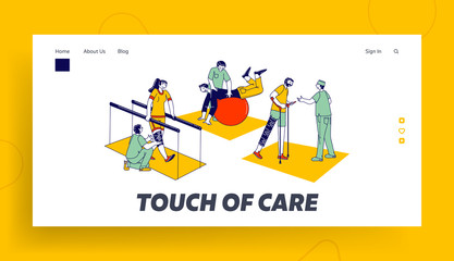 Rehabilitation, Disabled Physiotherapy Landing Page Template. Characters Engaged Adaptive Physical Education Correction Lost Physical Abilities with Help Therapeutic. Linear People Vector Illustration