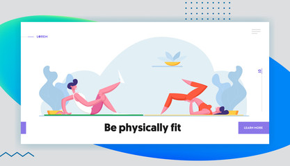Couple Workout Together in Gym, Healthy Lifestyle Landing Page Template. Young Athlete Man and Woman Characters Doing Fitness or Aerobics Sports Exercise at Home. Cartoon People Vector Illustration