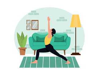 Young beautiful slender girl practices yoga at home in the living room during quarantine. Healthy lifestyle workout slimming relax and relax relaxation. Flat style. Vector stock color illustration.