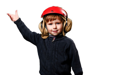 Young boy pilot pilots's helmet on isolate background.