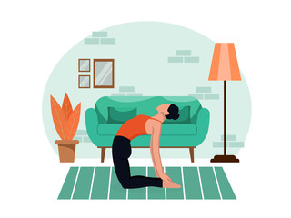 Young beautiful slender girl practices yoga at home in the living room during quarantine. Healthy lifestyle workout slimming relax and relax relaxation. Flat style. Vector stock color illustration.