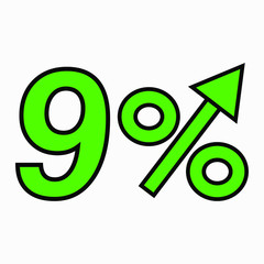 The green figure is 9  percent increase. Price increase icon.  Sales. Profit growth. Increase revolutions. The increase in interest in the bank. Quality improvement. Icon of internet shops. 