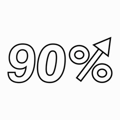 The transparent figure is 90  percent increase. Price increase icon.  Sales. Profit growth. Increase revolutions. The increase in interest in the bank. Quality improvement. Icon of internet shops.