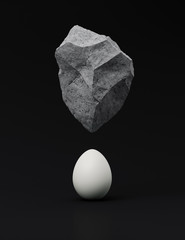 Levitating stone over the egg on a black background, 3D rendering. Minimal creative idea concept.
