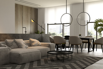 Minimalist Interior of modern living room 3D rendering