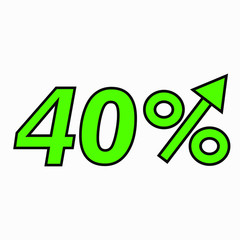 The green figure is 40  percent increase. Price increase icon.  Sales. Profit growth. Increase revolutions. The increase in interest in the bank. Quality improvement. Icon of internet shops. Vector 