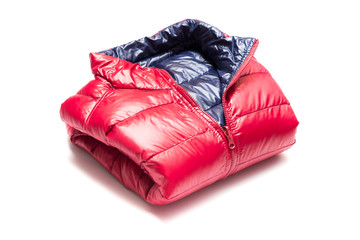 Folded blue and red full zipper windbreaker down jacket, rain proof down jacket. Down jacket sport...