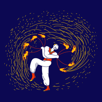 Flame Entertainment, Street Fair, Circus Amusement. Young Man Fakir Character Dancing and Juggling with Fire on Stage Performing Talent Show Program for Judges and Viewers. Linear Vector Illustration