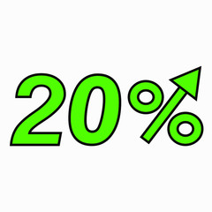 The green figure is 20  percent increase. Price increase icon.  Sales. Profit growth. Increase revolutions. The increase in interest in the bank. Quality improvement. Icon of internet shops. Vector 