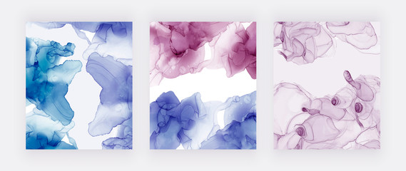 Blue and pink alcohol ink backgrounds. Abstract hand painted covers. Fluid art painting design. Trendy template for banner, flyer, wedding invitation