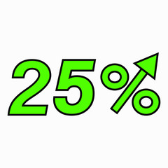 The green figure is 25  percent increase. Price increase icon.  Sales. Profit growth. Increase revolutions. The increase in interest in the bank. Quality improvement. Icon of internet shops. Vector 