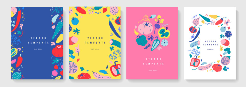 Vegetable frame collection, vertical banners or posters for farmers market or food fair, vector layouts with copy space, set of borders with hand drawn illustrations of organic foods