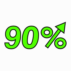 The green figure is 90  percent increase. Price increase icon.  Sales. Profit growth. Increase revolutions. The increase in interest in the bank. Quality improvement. Icon of internet shops. Vector 