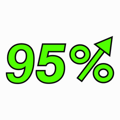 The green figure is 95  percent increase. Price increase icon.  Sales. Profit growth. Increase revolutions. The increase in interest in the bank. Quality improvement. Icon of internet shops. 