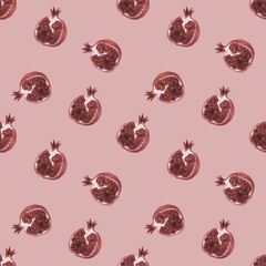 Monochrome seamless pattern with pomegranate fruits and seeds on light brown background. Design for cosmetics, spa, pomegranate juice, health care products, perfume. Best for textile or wrapping paper