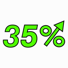 The green figure is 35  percent increase. Price increase icon.  Sales. Profit growth. Increase revolutions. The increase in interest in the bank. Quality improvement. Icon of internet shops. Vector ic