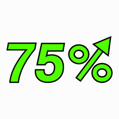 The green figure is 75  percent increase. Price increase icon.  Sales. Profit growth. Increase revolutions. The increase in interest in the bank. Quality improvement. Icon of internet shops. Vector ic