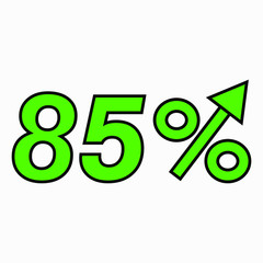 The green figure is 85  percent increase. Price increase icon.  Sales. Profit growth. Increase revolutions. The increase in interest in the bank. Quality improvement. Icon of internet shops. Vector ic