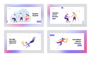 Teamwork, Inspiration Landing Page Template Set. Business People Characters Working in Office, Colleagues Support. Insight and Creative Idea. Muses Flying with Light Bulbs. Cartoon Vector Illustration