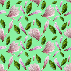Seamless pattern with blooming magnolia flowers and leaves. Watercolor illustration. Pattern on isolated turquoise background for your design, wrapping paper, fabric, background