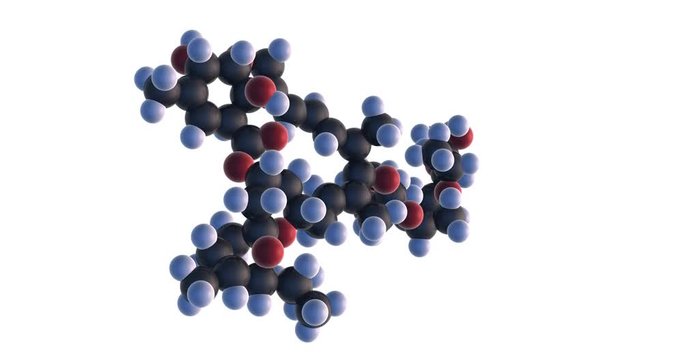 3D rendering of ivermectin molecule, anti parasitic drug and proposed COVID19 (coronavirus SARS-CoV2) treatment. Isolated and rotating  on transparent background (alpha channel).